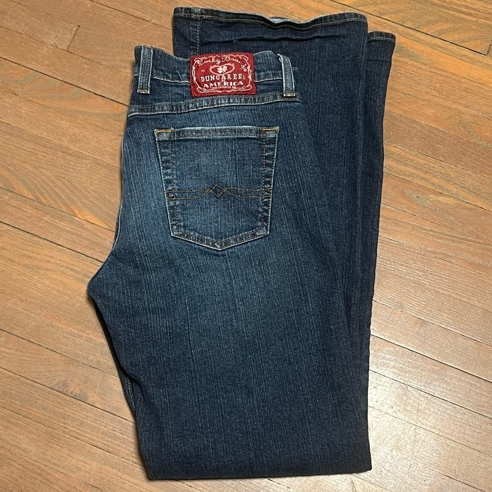 LUCKY * BRAND Vintage Y2k Distressed Mid-Rise Dark Wash flair blue jeans - Picture 7 of 11